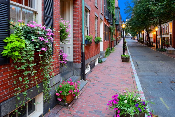 Street View with brick buildings and flowers 