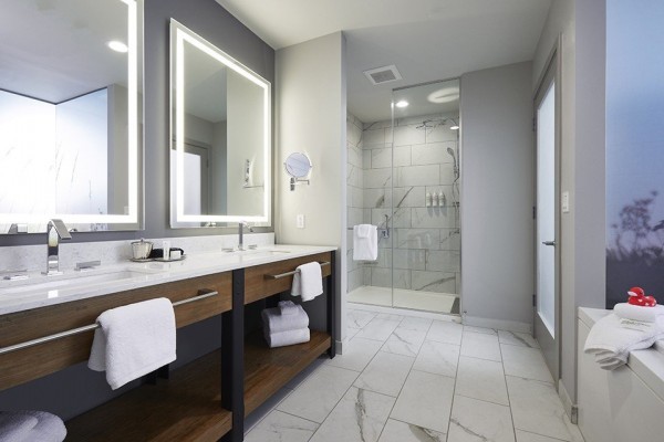 Archer's Den - spacious bathroom featuring a double vanity, walk-in shower and soaking tub