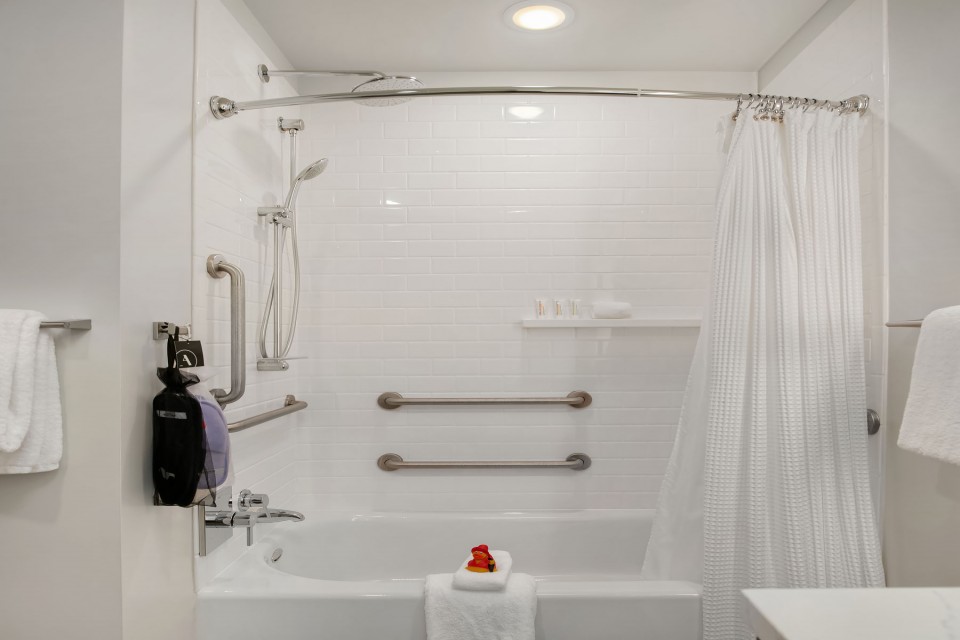 Double King - mobility-accessible tub with grab bars and hand-held shower wand