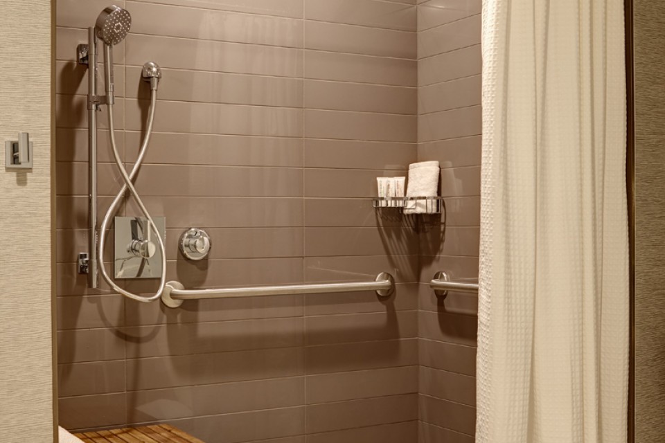 Double Queen - mobility-accessible roll-in shower with shower seat and grab bars in bathroom